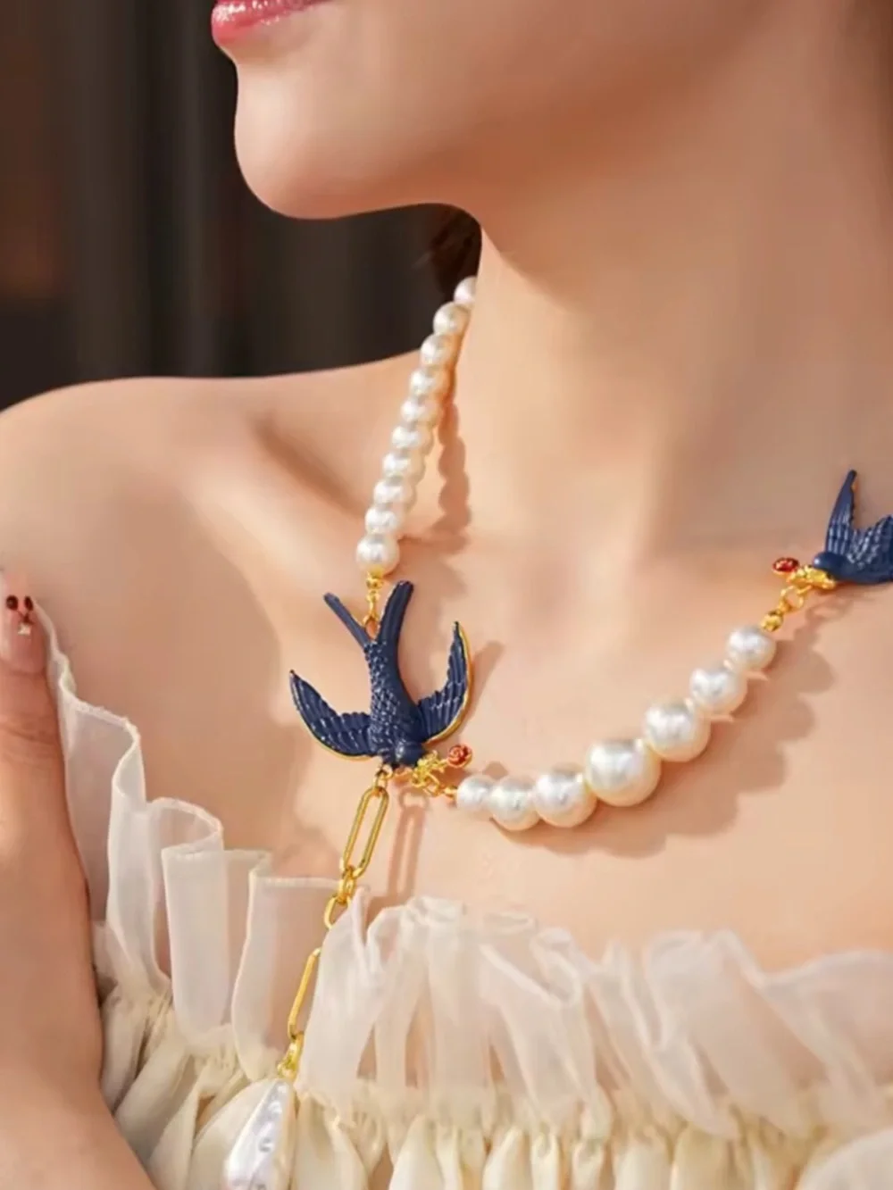 Vintage Pearl Necklace with Navy Bird Accents